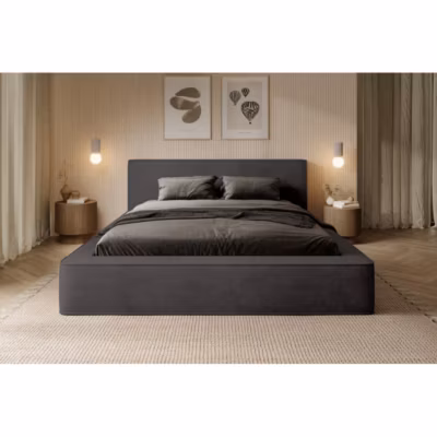 Lit coffre VELORA  Gris anthracite  140×200 cm  Tissu velours doux  Sommier relevable  Rangement intégré