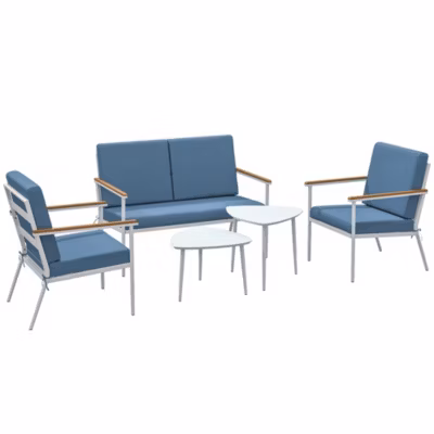 Salon de jardin 4 personnes 5 pièces 2 tables basses gigognes acier blanc accoudoirs effet bois coussins bleu