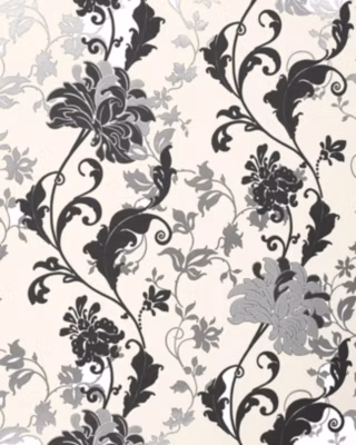 Papier peint floral EDEM 833-20 dessin précieux fleurs et feuilles noir blanc argent crème