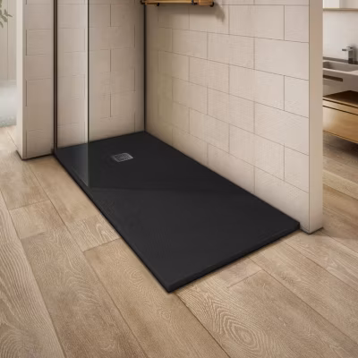 Receveur de douche noir  76×80 surface ardoisée antidérapante avec bonde et grille en inox