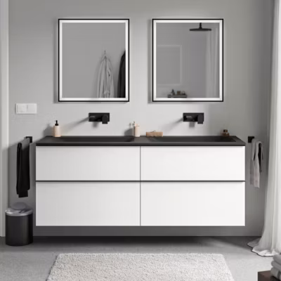 Meuble vasque suspendu MDF Blanc mat, lavabo fonte Noir mat sans trou robinet, poignée Anthracite mat – 160x46x62cm – LAVOA