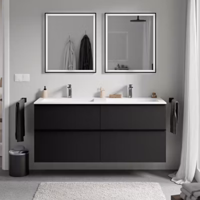 Meuble vasque suspendu MDF Noir mat, lavabo fonte Blanc mat + trou robinet, poignée Chrome – 140x46x62cm – LAVOA