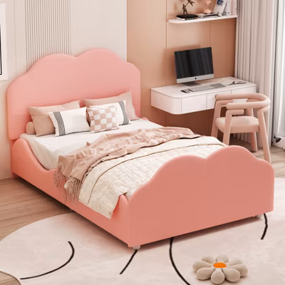Lit simple 90x200cm, lit enfant avec sommier à lattes et tête et pied de lit en forme de nuage, lit en velours rose