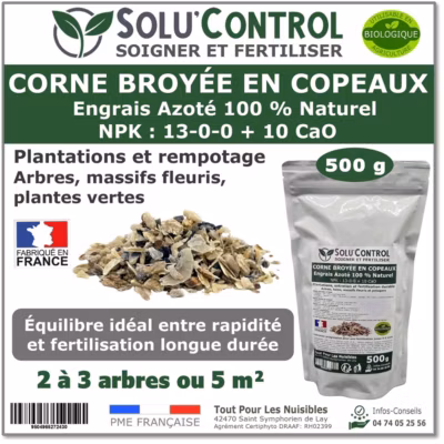 SOLU&rsquo;CONTROL – 500 g Corne Broyée Copeaux  – Engrais Azoté Naturel – Fertilisation Équilibrée pour Arbustes et Massifs Fleuris