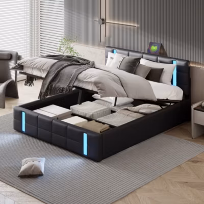 Lit adulte 160x200cm avec bande lumineuse LED, coffre de lit rangement, dossier, interface USBx2, lit capitonné, lit ado, PU noir