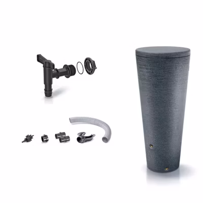 Pack Récupérateur d&rsquo;eau Tubo 210L effet granit avec jardinière intégrée avec robinet et kit de raccordement