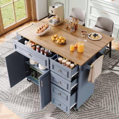 Desserte Îlot de Cuisine – Îlot de Cuisine Pliable avec Rangements et Roulettes, MDF et Métal, 110x75x92 cm, Bleu