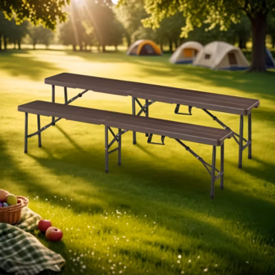 Lot de 2 bancs de camping pliables Lillestroem 180 x 25 x 43 cm effet bois marron foncé en.casa