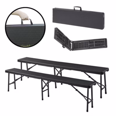 Lot de 2 bancs de camping pliables Mark 180 x 25 x 43 cm effet rotin noir en.casa