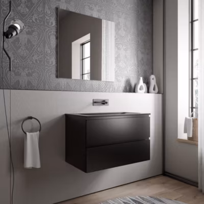 Meuble vasque suspendu MDF Noir mat, lavabo fonte Noir mat sans trou robinet – 80x46x50cm – AVA BRUXELLES