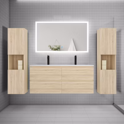 Ensemble meuble de salle de bains 120cm, double vasque + colonne + LED miroir rectangulaire,chêne