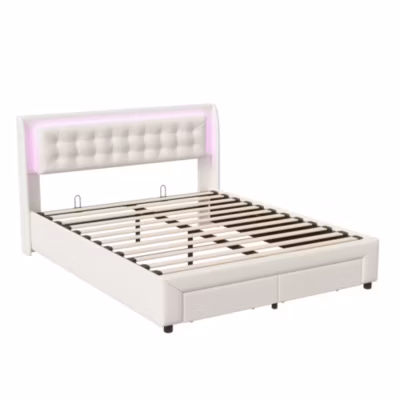 Lit Adulte Avec Sommier à Lattes 140×190 Cm,avec LED Et Rangement,avec Tête De Lit En Velours,beige
