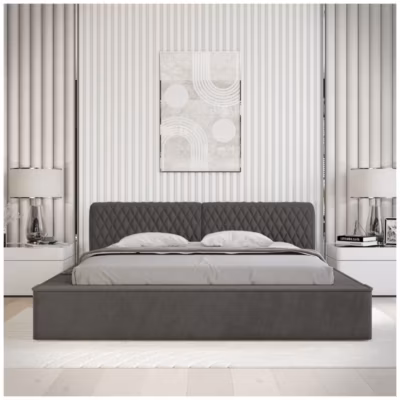 Lit coffre VERNON  Tissu chenille bouclé Anthracite profond  140×200 cm  Sommier relevable  Design haut de gamme