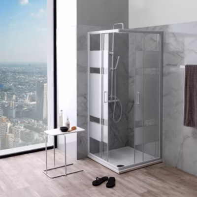 Porte De Douche D&rsquo;angle 75X75 Verre Sérigraphié Profils Blancs – Venere