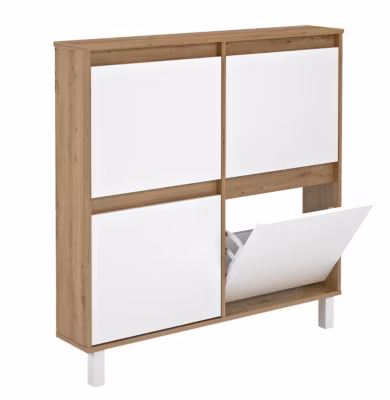 Meuble à chaussures, commode à chaussures avec 4 portes coloris chêne, blanc – Hauteur 110  x Longueur 110 x profondeur 20 cm