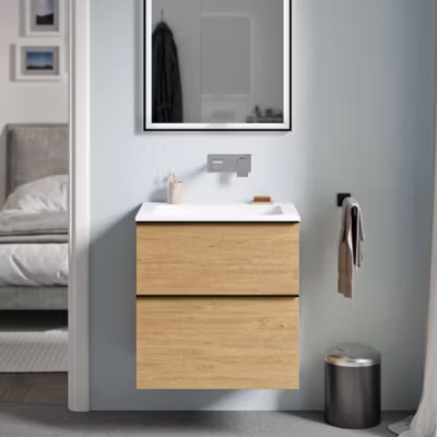 Meuble vasque suspendu MDF Chêne miel, lavabo fonte Blanc mat sans trou robinet, poignée Antracite mat – 60x46x62cm – LAVOA