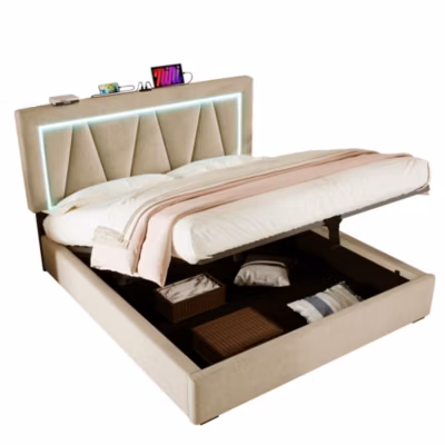 Lit 160×200 cm sommier relevable avec coffre de rangement et tête de lit réglable, tapissé lin beige