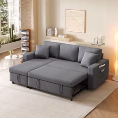 Canapé-lit en L avec rangement,grise, fonction couchage, poches de rangement, chaise longue interchangeable gauche/droite