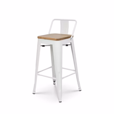 Tabouret en métal blanc mat style industriel avec dossier et assise en bois clair   Hauteur 66cm
