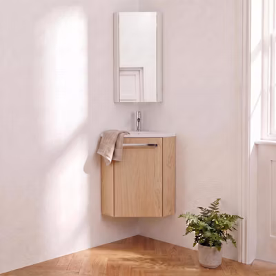 Ensemble lave-mains angle suspendu SKINO avec robinet et armoire d&rsquo;angle