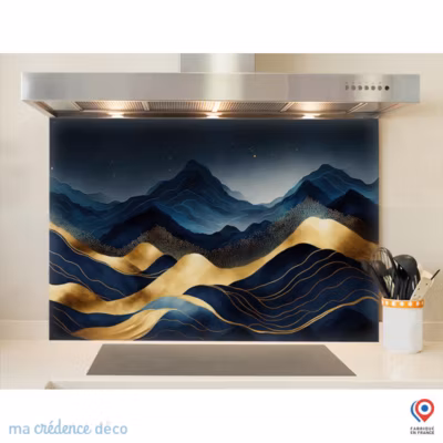 Crédence cuisine fond de hotte Montagnes dorées – Verre trempé – L 90 cm x H 50 cm – MaCrédenceDéco