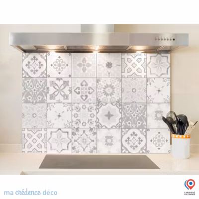 Crédence cuisine fond de hotte Carreaux ciments antique gris – Verre trempé – L 60 cm x H 45 cm – MaCrédenceDéco