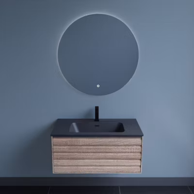 Meuble salle de bain HORIZON 80 cm avec miroir rond Fazzio – Chêne doré et noir