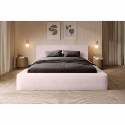 Lit coffre ORLANE  Rose Poussière de rose polaire  140×200 cm  Sommier relevable  Design haut de gamme