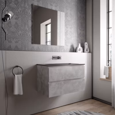 Meuble vasque suspendu MDF aspect béton, lavabo fonte Noir mat sans trou robinet – 80x46x50cm – AVA CREAM