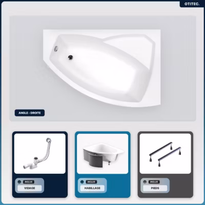 Baignoire asymétrique – 160 x 100 cm – Droite – avec Habillage – Pieds – Vidage Chrome – RIMA