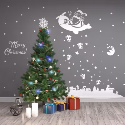 Sticker Ambiance merry christmas – 100x65cm – blanc – Autocollants adhésifs noël – décoration fêtes