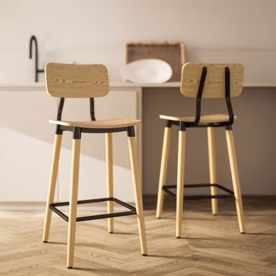 Chaise de bar 41x47x94 cm hauteur d assise 65 cm metal noir assise bois naturel sans accoudoirs avec repose-pieds style scandinave