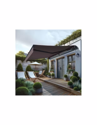 Store banne monobloc MEILE 4,80 x 3,00m (Motorisé à interrupteur + manœuvre de secours – Taupe – Gris anthracite)