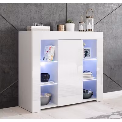 Buffet bas contemporain – Blanc brillant – Mélamine – LED bleues – 1 porte – 94x35x83 cm