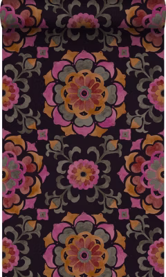 Origin Wallcoverings papier peint fleurs suzani noir, orange et rose 53 cm x 10.05 m