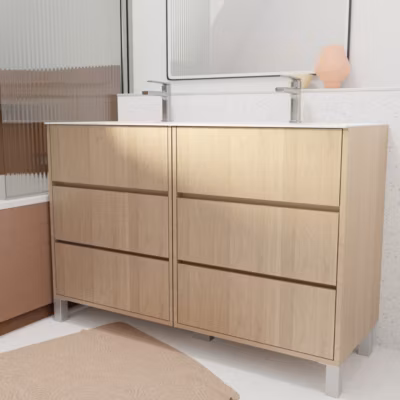 Pack Meuble Salle de Bains 120 cm Chêne Clair, 6 tiroirs avec Vasque Céramique – XENOS