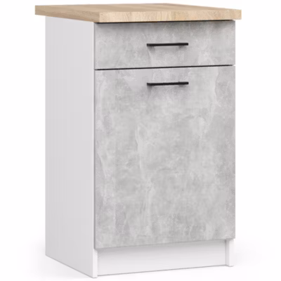 Meuble de cuisine sur pied : 1 tiroir, 1 porte, 2 étagères, blanc / béton, 50 x 85 x 46 cm