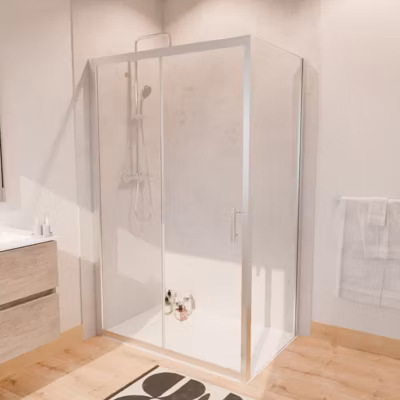 Paroi de douche d&rsquo;angle avec porte coulissante + retour fixe NERINA – 120×80 cm