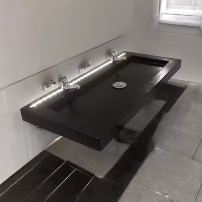 Plan Double Vasque en béton fibré cimenté noir 120×47 avec LED + capteur de mouvement double robinetterie