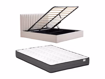 Lit coffre 160 x 200 cm – Tissu – Beige + Matelas – SARANELI