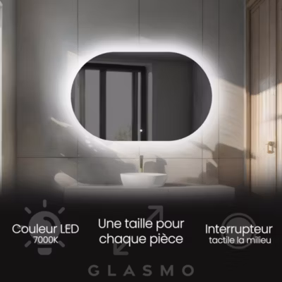 Miroir de Salle de Bain LED – Ariana, 150×90 cm, LED Lumineux Miroir, Blanc Froid 7000K, Interrupteur Tactile