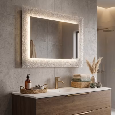 Miroir Réversible Avec Cadre En Granulé De Verre Fondu Couleur Glace Et Éclairage Led
