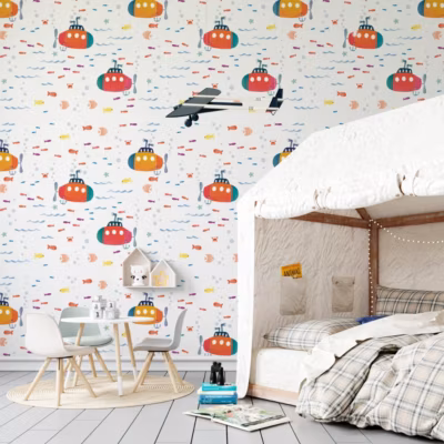 Papier peint avec sous-marins et poissons – 85×260 cm (l x h)