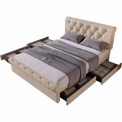 Lit 140×200 cm avec 4 tiroirs de rangement et sommier support, cadre métal et tête tapissée lin naturel