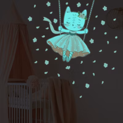 Sticker phosphorescent lumineux – CHAT DANSEUSE – Autocollant mural plafond enfant fluorescent – 130x110cm