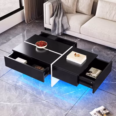 Table Basse Moderne avec 3 tiroirs et éclairage LED, 100x50x34.5cm, Noir