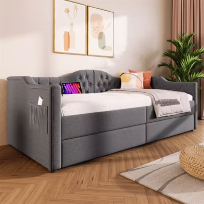 Lit adulte lit 90×200 cm lit rembourré avec 2 tiroirs Single lin gris