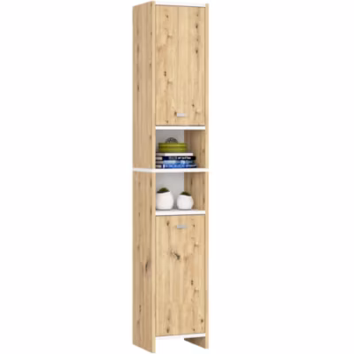 Colonne salle de bain AKORD BETI Chêne Artisan 32 cm 2 portes façade Blanche 4 étagères 32x28x180 cm