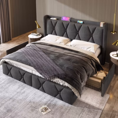Lit Double 140×200 cm – Lit Double Capitonné avec 4 Tiroirs et Ports USB, Matelas Inclus, Tissu Gris