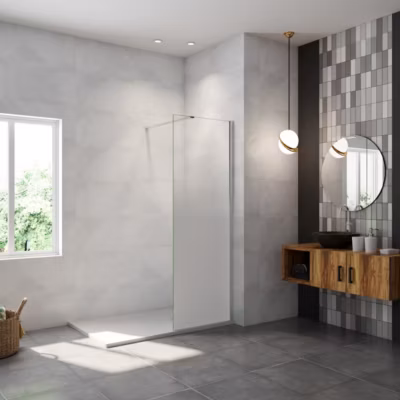 Paroi de douche verre trempé sérigraphié Brume en 8 mm verre – 90 x 200 cm – Profilés chrome avec barre de fixation 90cm